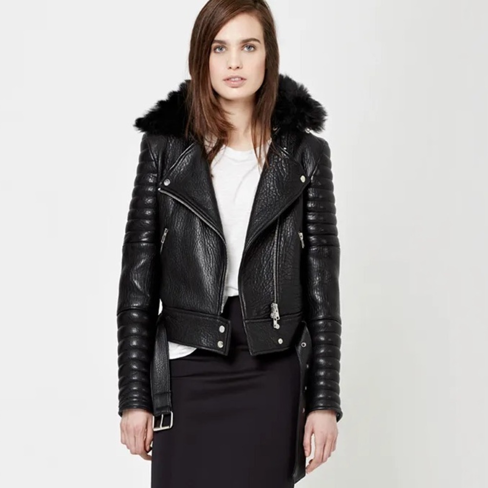 Black Leather Fur-Trim Moto Jacket - Women